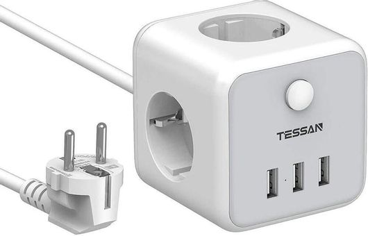 Πολύπριζο Tessan PowerCube TS-301 3 Θέσεων με Διακόπτη 3 USB και Καλώδιο 1.5m Γκρι